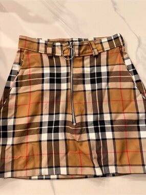 Plaid Mini Skirt with Front Zip in Tan